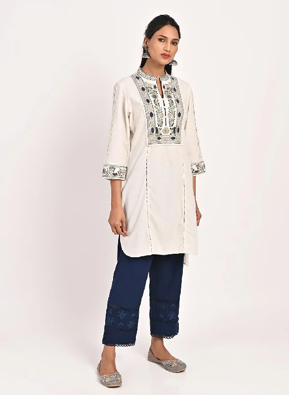 Ivory Embroidered Band Collar Tunic with Front Yoke Embroidery