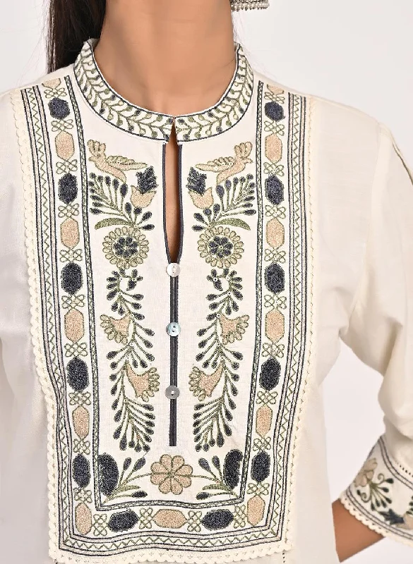 Ivory Embroidered Band Collar Tunic with Front Yoke Embroidery