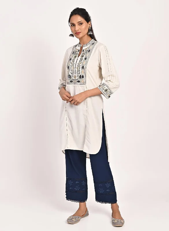 Ivory Embroidered Band Collar Tunic with Front Yoke Embroidery