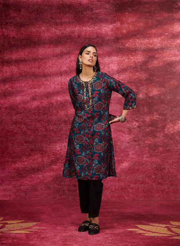 Layla Dark Teal Printed Chanderi Tunic for Women