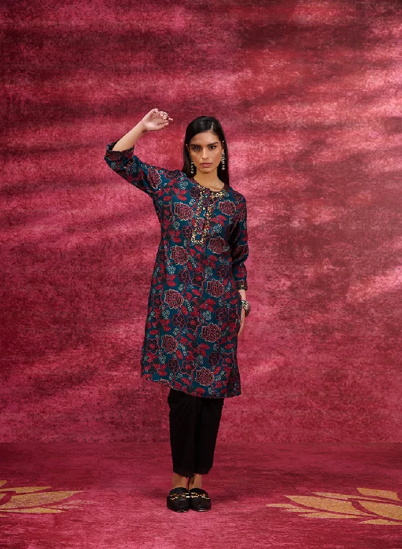 Layla Dark Teal Printed Chanderi Tunic for Women