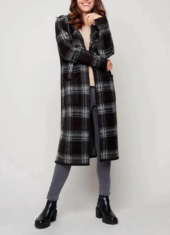 Long Plaid Cardigan In Black