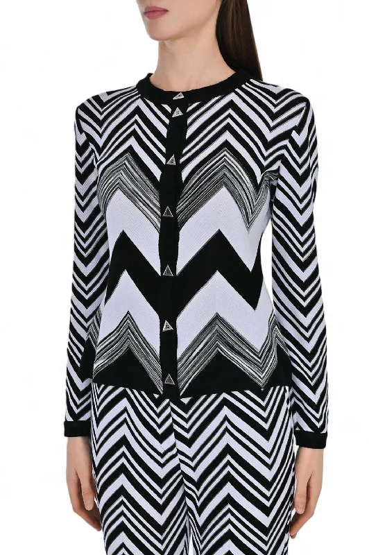 Long Sleeve Chevron Print Cardigan In Black & White Space Dye