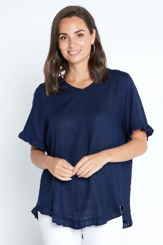 Mara Linen Blend Top - Navy