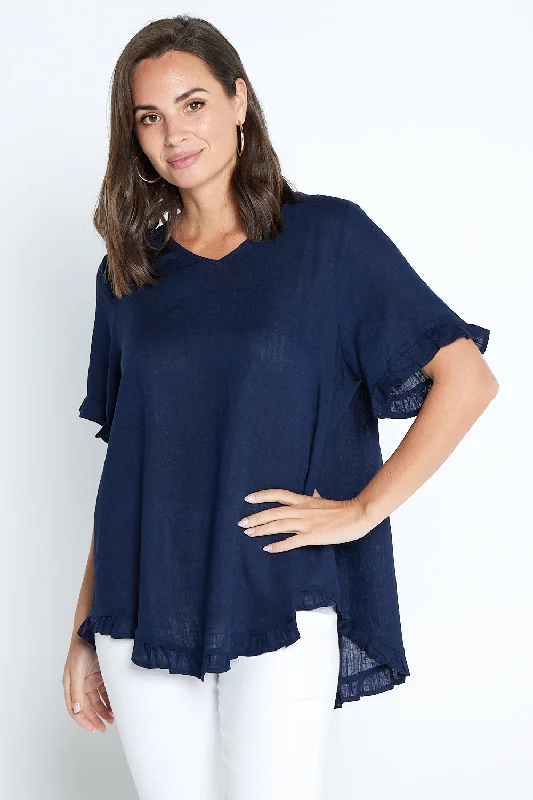 Mara Linen Blend Top - Navy