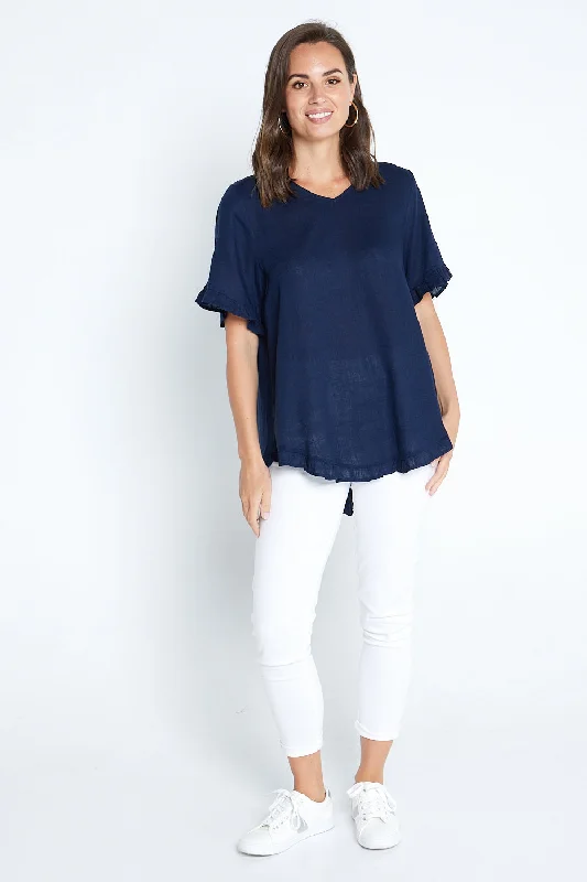 Mara Linen Blend Top - Navy