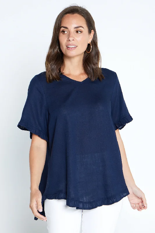 Mara Linen Blend Top - Navy