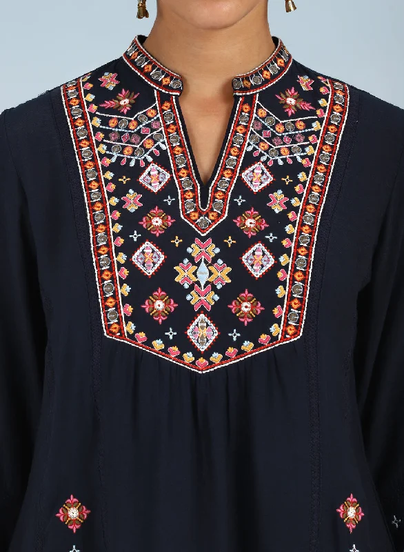 Navy Blue Tunic with Front Yoke Embroidery Detail