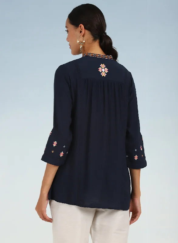 Navy Blue Tunic with Front Yoke Embroidery Detail