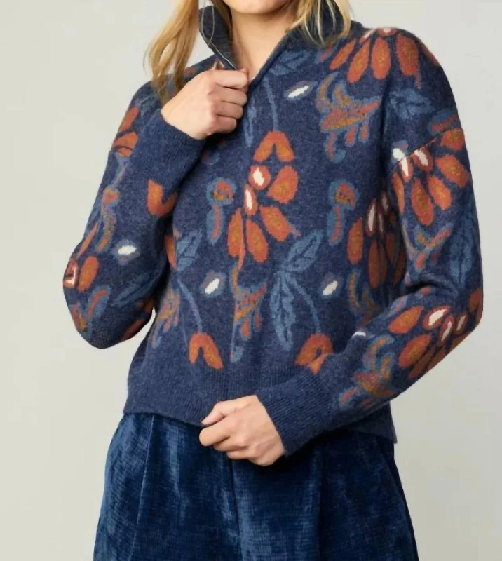 Patterned Jacquard Half Zip Sweater In Denim Blue Multi