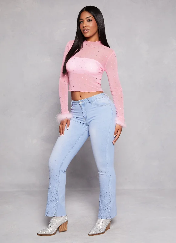 Feather Long Sleeve Rhinestone Mesh Crop Top