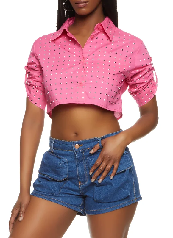 Studded Quarter Sleeve Cropped Shirt