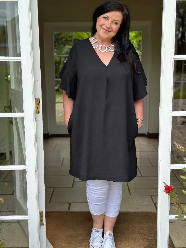 Ruffle Sleeve Pocket Tunic | Black