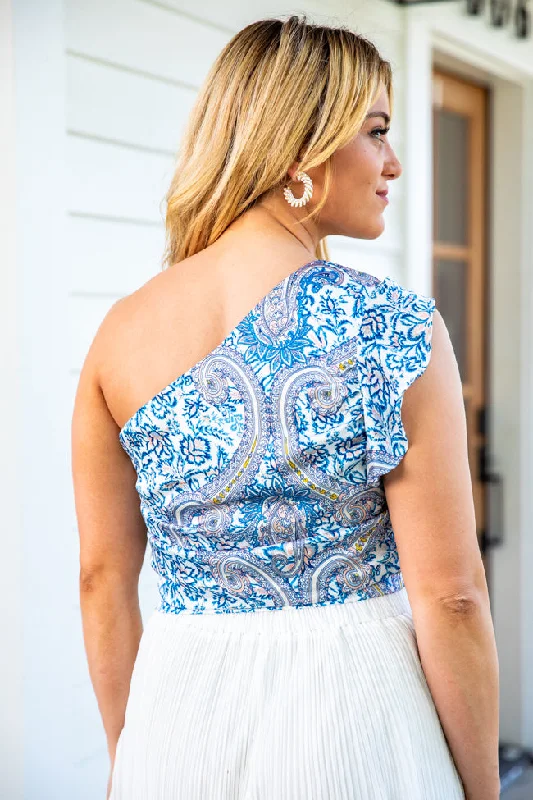 Scenic Outings Blue Paisley Print One Shoulder Tank FINAL SALE