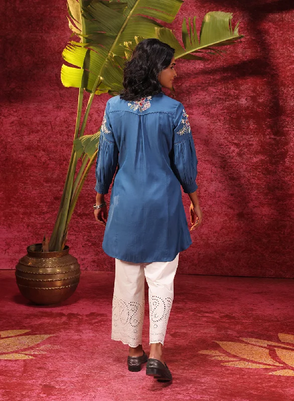 Suhani Ocean Blue Embroidered Viscose Satin Tunic for Women