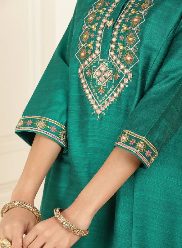 Teal Green Embroidered Party Wear Kurta Set with Mirror Work