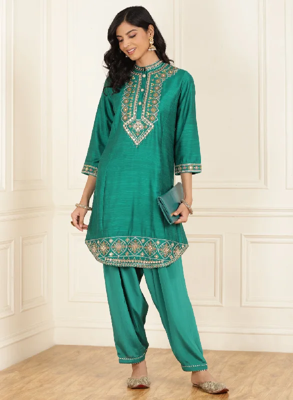 Teal Green Embroidered Party Wear Kurta Set with Mirror Work