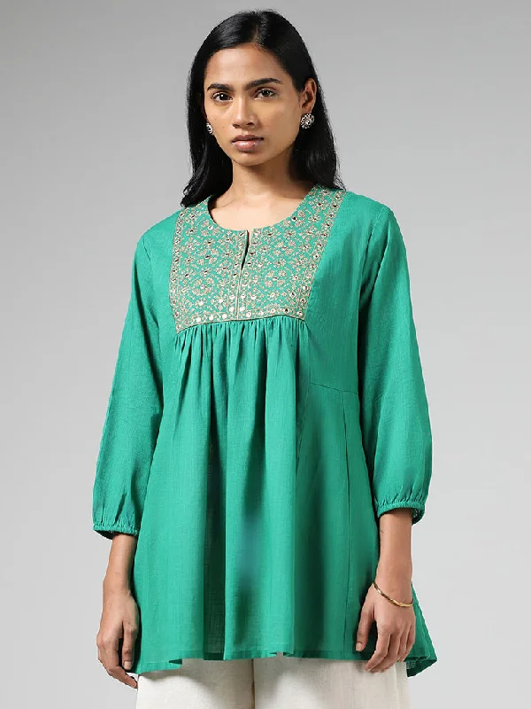 Utsa Aqua Green Mirror Embroidered Cotton Gathered Kurti