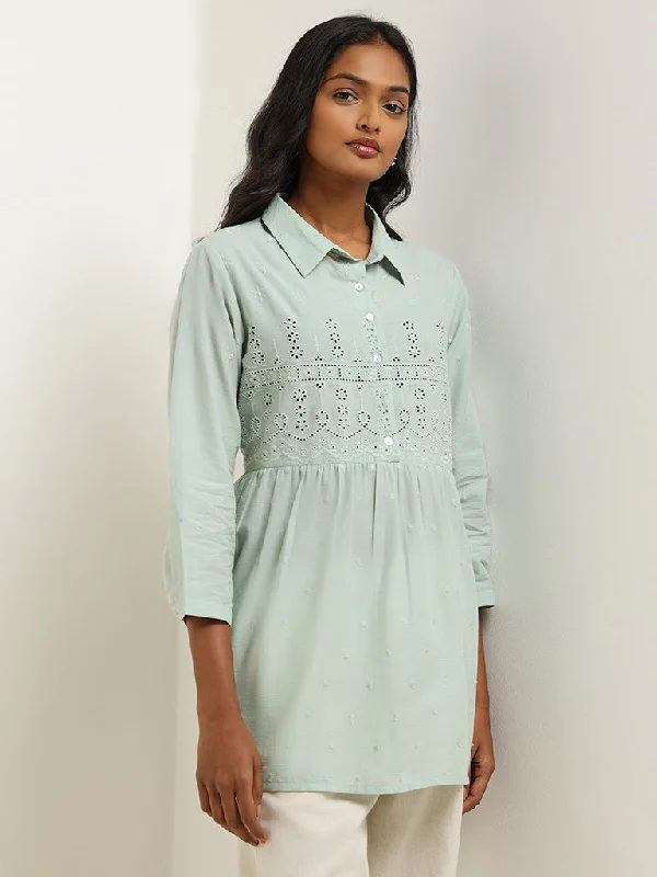 Utsa Aqua Schiffli Collared Kurti