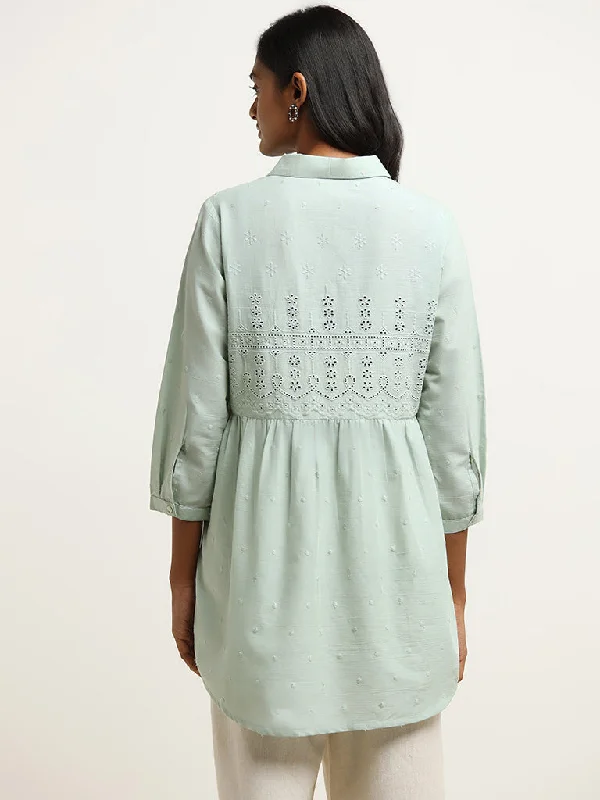 Utsa Aqua Schiffli Collared Kurti