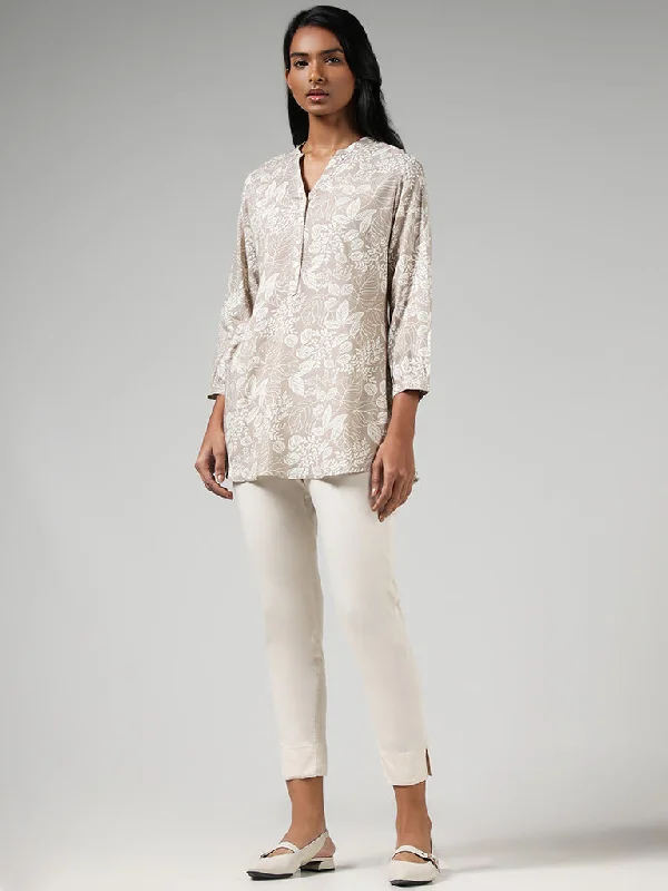 Utsa Beige Leaf Printed Tunic