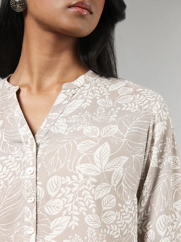 Utsa Beige Leaf Printed Tunic