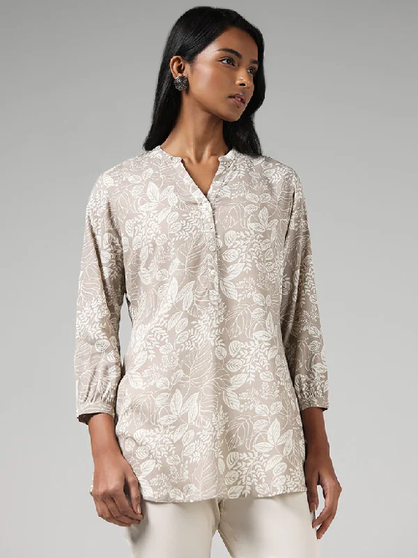 Utsa Beige Leaf Printed Tunic