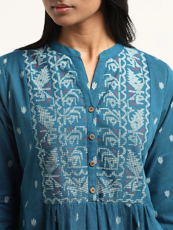 Utsa Indigo Printed Gathered Cotton Kurti