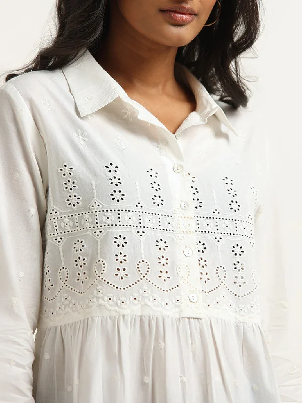 Utsa White Cotton Schiffli Kurti