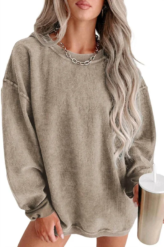 Washed Ribbed Pullover Sweatshirt In Khaki