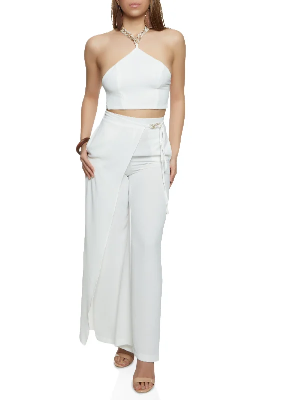 Gauze Knit Chain Link Halter Neck Crop Top