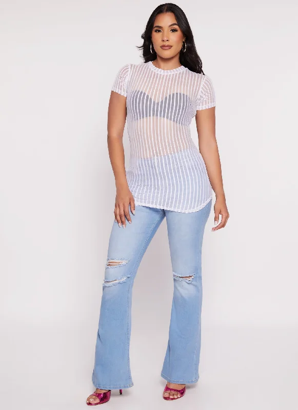 Mesh Striped Crew Neck Tunic Top