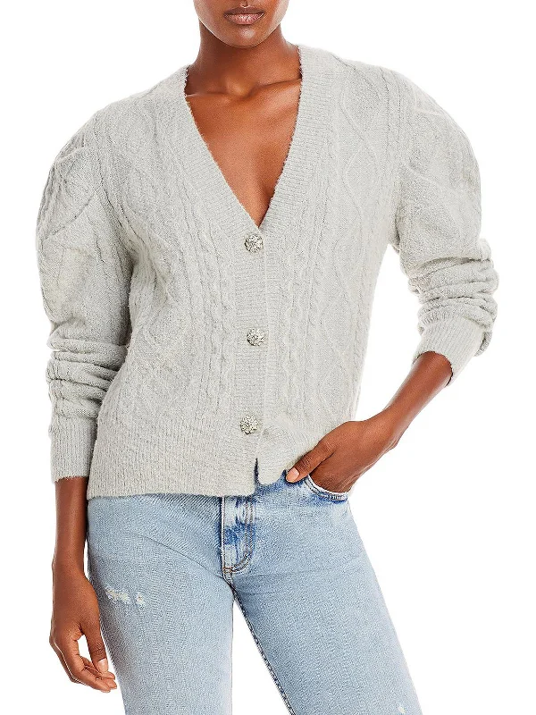 Womens Cable Knit Puff Sleeve Cardigan Sweater