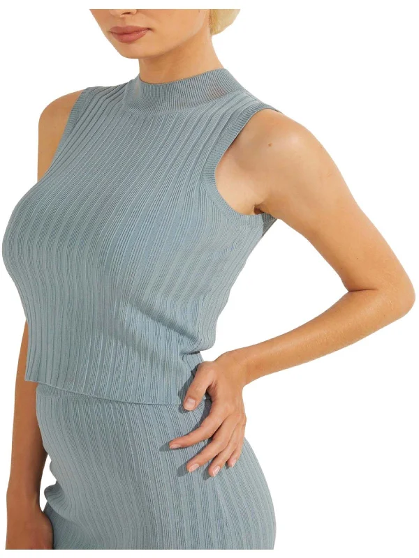 Womens Ribbed Knit Sleeveless Mock Turtleneck Sweater