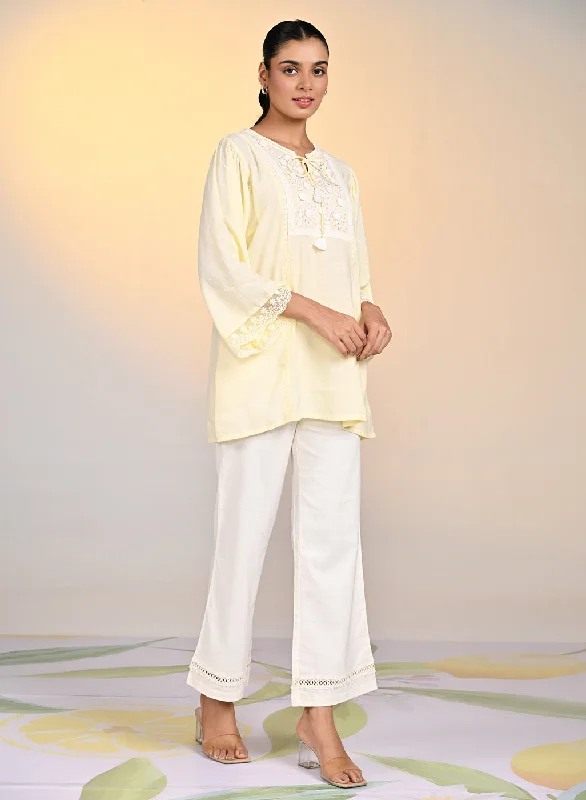 Zareen Lemon Embroidered Satin Top For Women