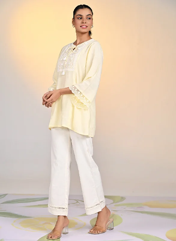 Zareen Lemon Embroidered Satin Top For Women