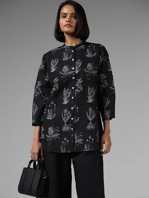 Zuba Black Floral Printed Button Down Tunic