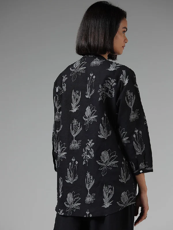 Zuba Black Floral Printed Button Down Tunic