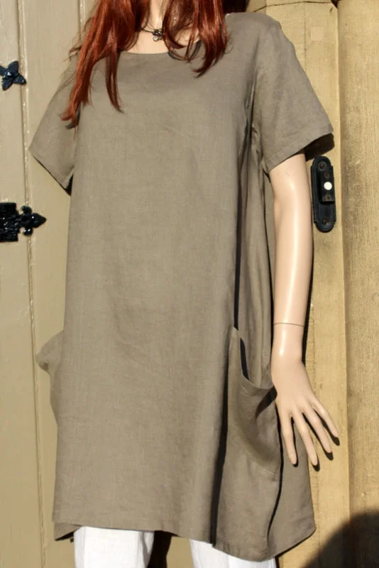 FOCUS (USA) Ladies Taupe Linen Dress or Long Tunic with Big Bucket Pockets