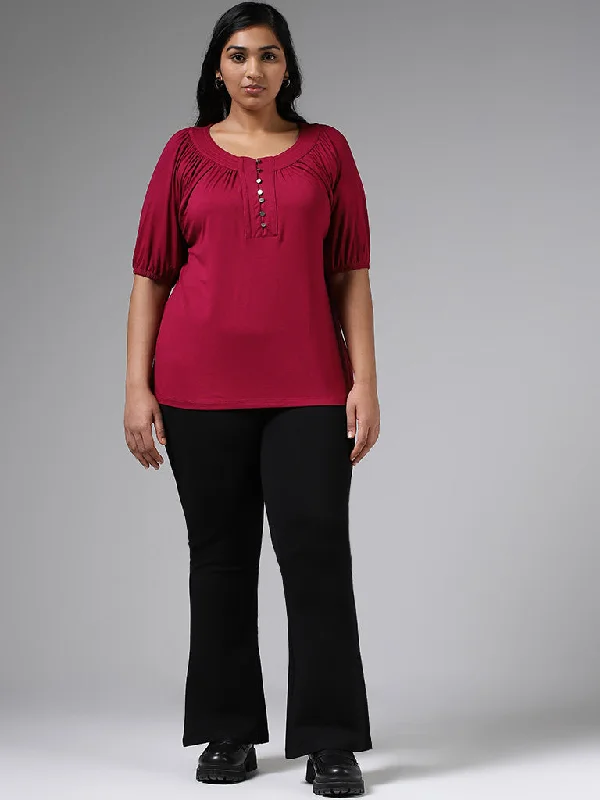 Gia Maroon Button Accent Pleated Top