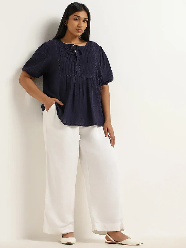 Gia Navy Cotton Tie Neck Top