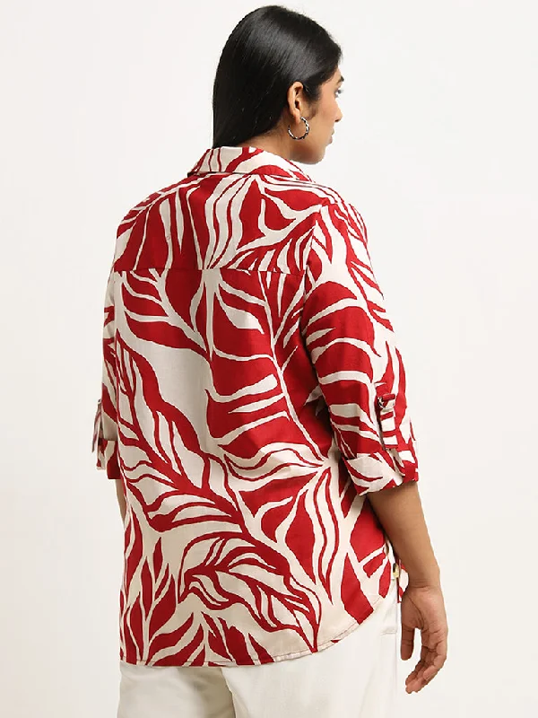 Gia Red Leaf Printed Cotton Shirt