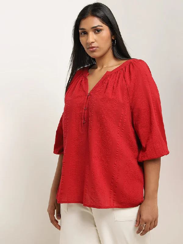 Gia Red Seersucker Textured Cotton Top