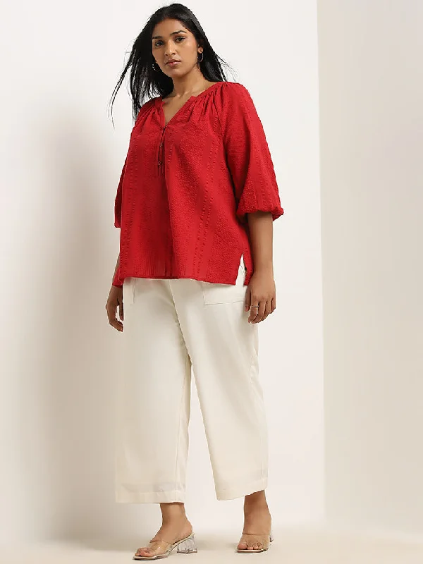 Gia Red Seersucker Textured Cotton Top