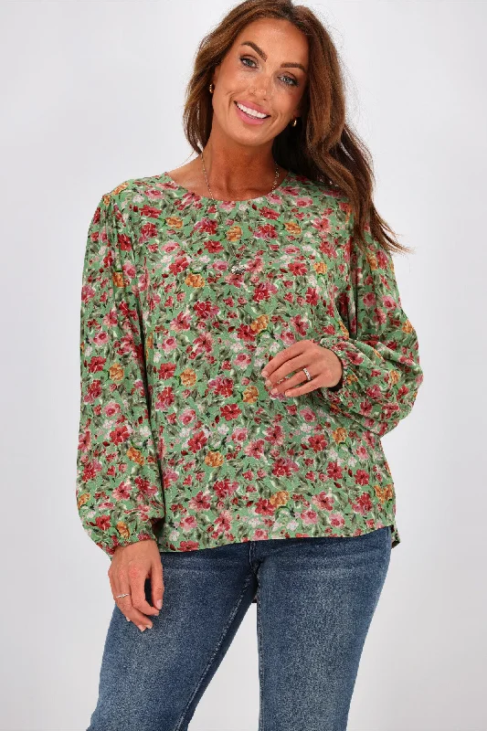 Gloss by Shine On Justine Elasticated Sleeve Top Green Floral