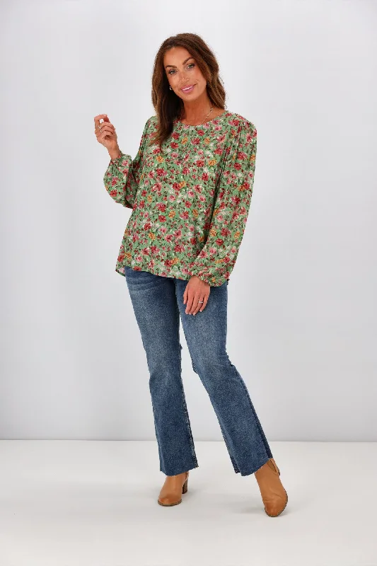 Gloss by Shine On Justine Elasticated Sleeve Top Green Floral