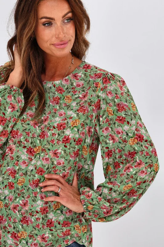 Gloss by Shine On Justine Elasticated Sleeve Top Green Floral