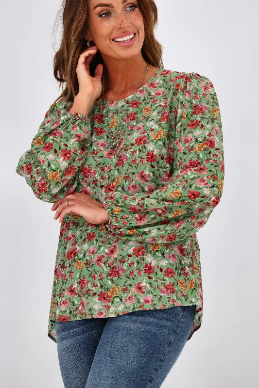 Gloss by Shine On Justine Elasticated Sleeve Top Green Floral