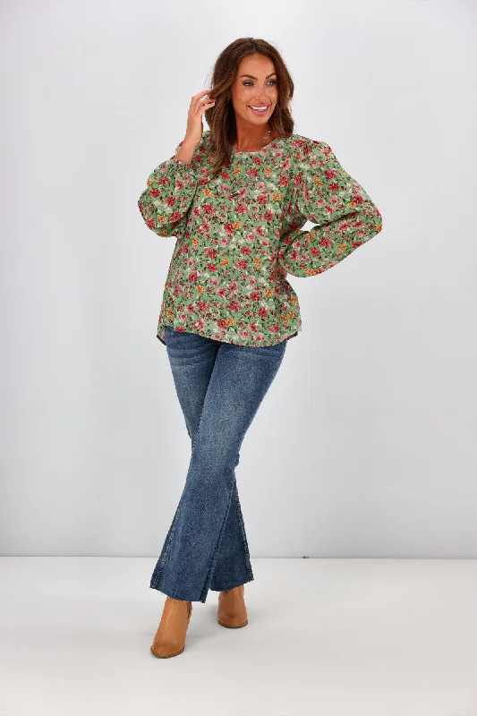 Gloss by Shine On Justine Elasticated Sleeve Top Green Floral