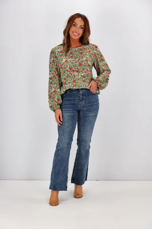 Gloss by Shine On Justine Elasticated Sleeve Top Green Floral